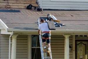 A person using a soft brush to clean green moss from asphalt roof shingles on a residential home.