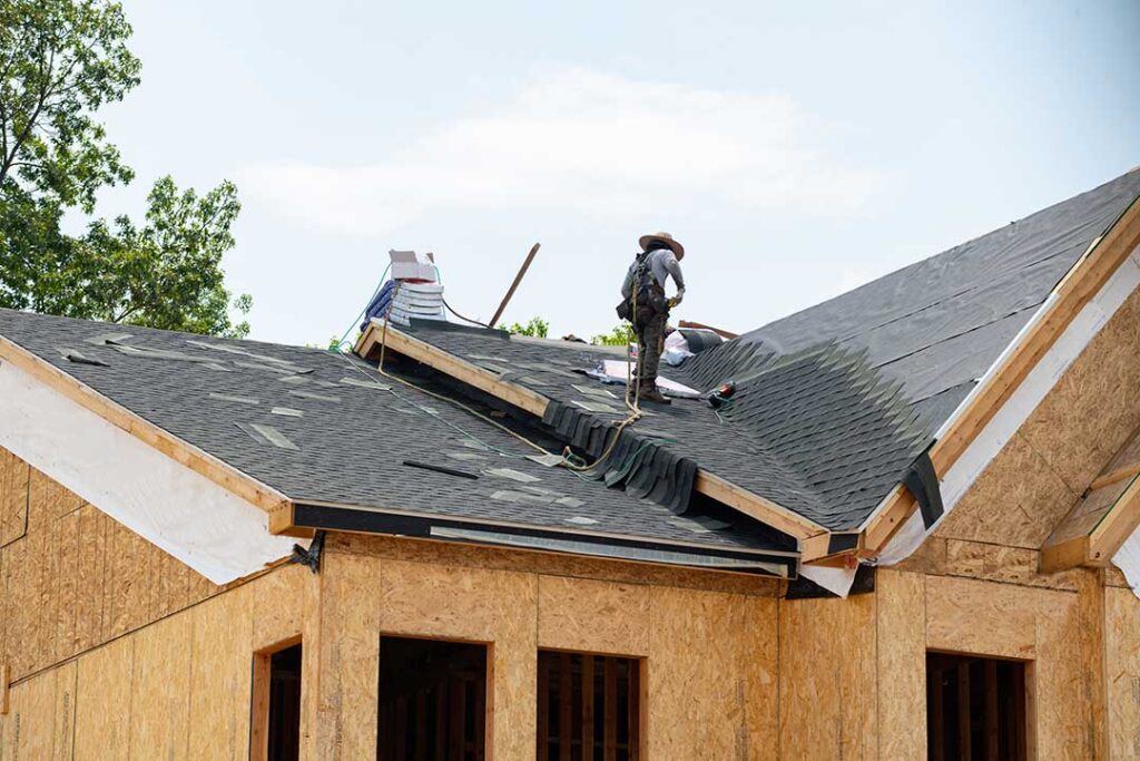 A close-up of a residential roof showing moisture on shingles after rainfall with trees in the background.